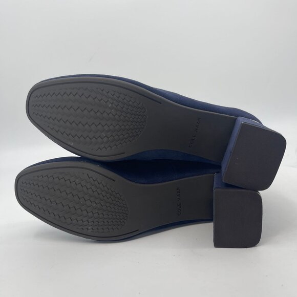 Cole Haan Blue Suede Stretch Booties | Almond Toe, Block Heel - Picture 9 of 9